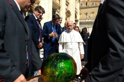 Pope Leo XIV receives 'symbolic sphere in charity's push for AI to 'protect human dignity'